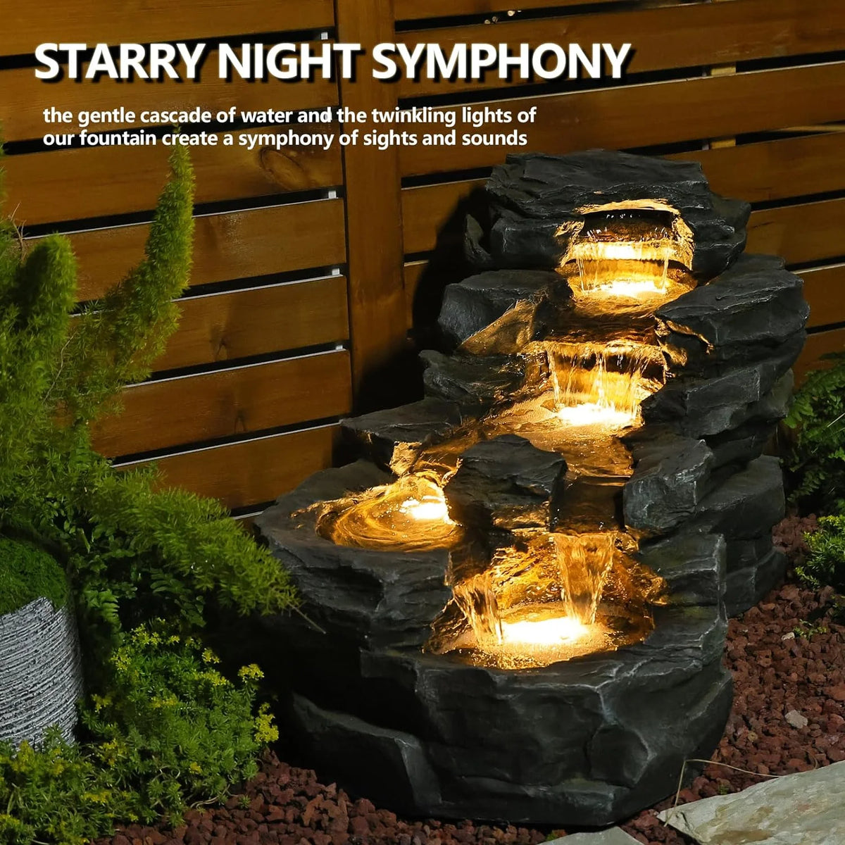 Outdoor Water Fountain Floor Standing Tiers Rock Natural Waterfall Outdoor Fountains with LED Lights for Garden, Patio, Porch