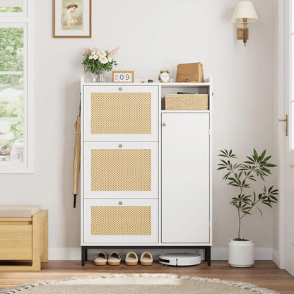 Garvee Rattan Shoe Storage Cabinet with Doors and 3 Flip Drawers, Freestanding Organizer with Adjustable Shelves for Entryway, Narrow Shoe Rack Cabinet for Hallway, Easy Assembly, Oak Color