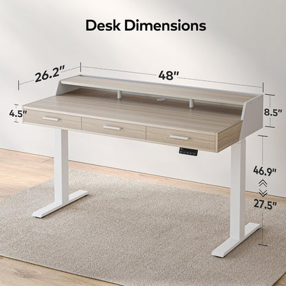 FEZIBO Electric Standing Desk with 3 Drawers & Monitor Shelves, 48 x 26 inches Sit Stand Home Office Desk, Rustic Brown