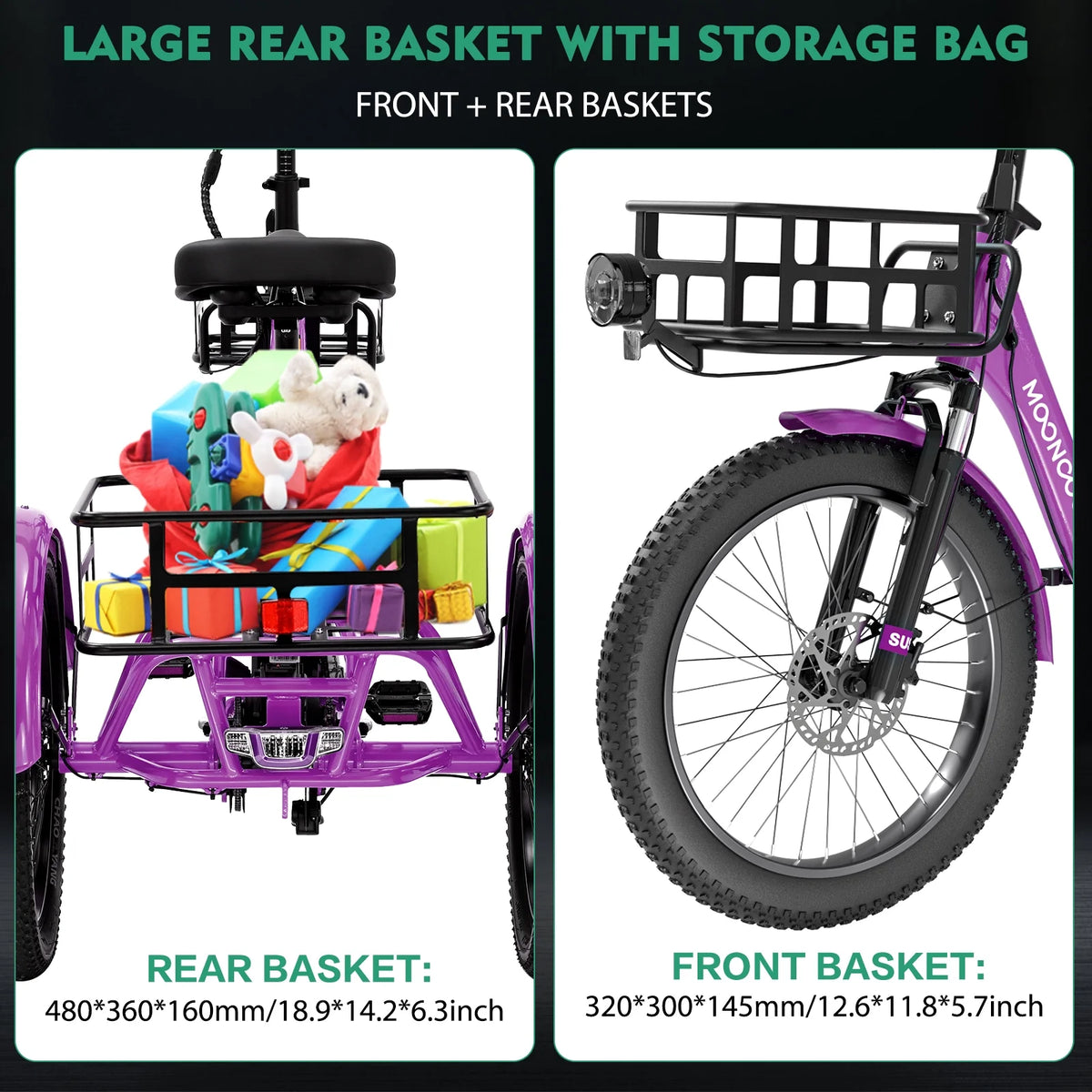 MOONCOOL TK1 Folding Electric Tricycle for Adults,48V 14.5Ah Removable battery, 500W（Peak 1000w）Motor, 20" Fat Tire Step-Thru 3Wheel Electric Bicycle w/Front&Rear Baskets, Certified to UL 2849 by SGS