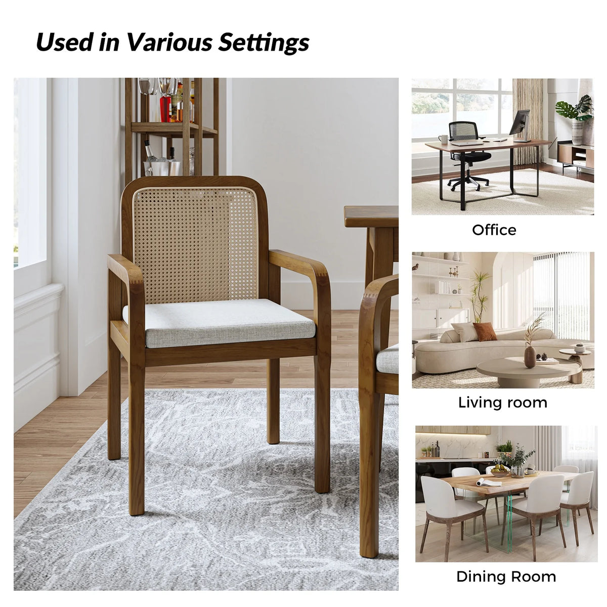 Rattan Dining Chairs Set of 2 Wooden Armchairs Removable Cushion Home Kitchen Restaurant Acorn