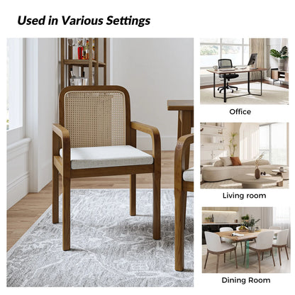 Rattan Dining Chairs Set of 2 Wooden Armchairs Removable Cushion Home Kitchen Restaurant Acorn