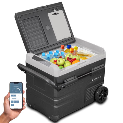 PFRIGO 48 Qt Portable 12v Rolling Cooler with LED Touch Panel, Black