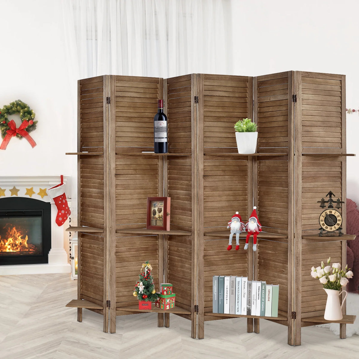 6-Panel Room Divider with Shelves5.6ft Tall Folding Privacy Screen Panels, Room Divider Wall, Divider for Room Separation, Room Divider ShelvesEffectively Block SightNatural