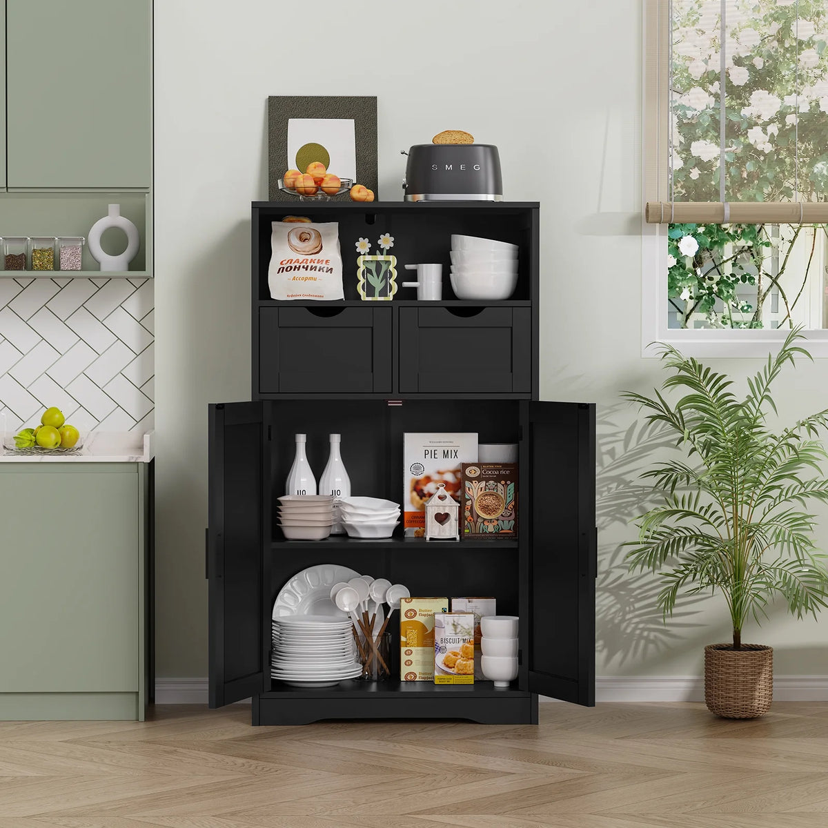 FANGSUM Rattan Storage Cabinet with 2 Drawers & 2 Shelves, Floor Cabinet for Living Room