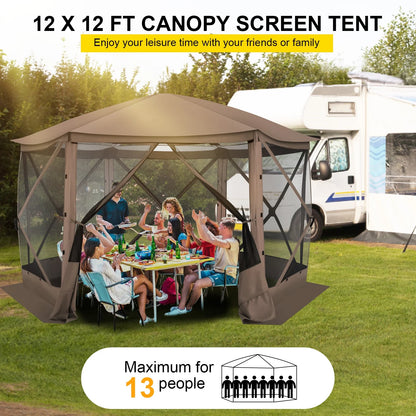 HOTEEL 12x12 Portable Pop-Up Outdoor Camping Gazebo, Screen Tent with Mosquito Nettings, Waterproof, UV, Bite Proof, Removable top Glamping Canopy with Carry Bag, Gray
