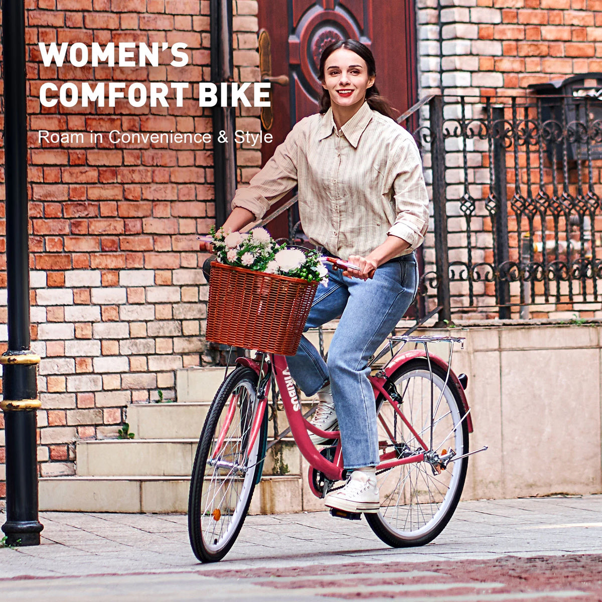 Viribus Women's Comfort Bike 24 inch Beach & City Cruiser Bicycle with Basket Rack White