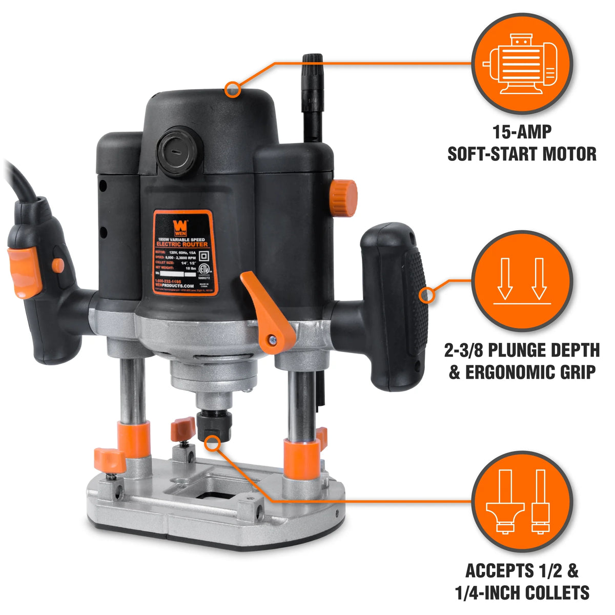 WEN Products 15-Amp Variable Speed Plunge Woodworking Router with Case, RT6033