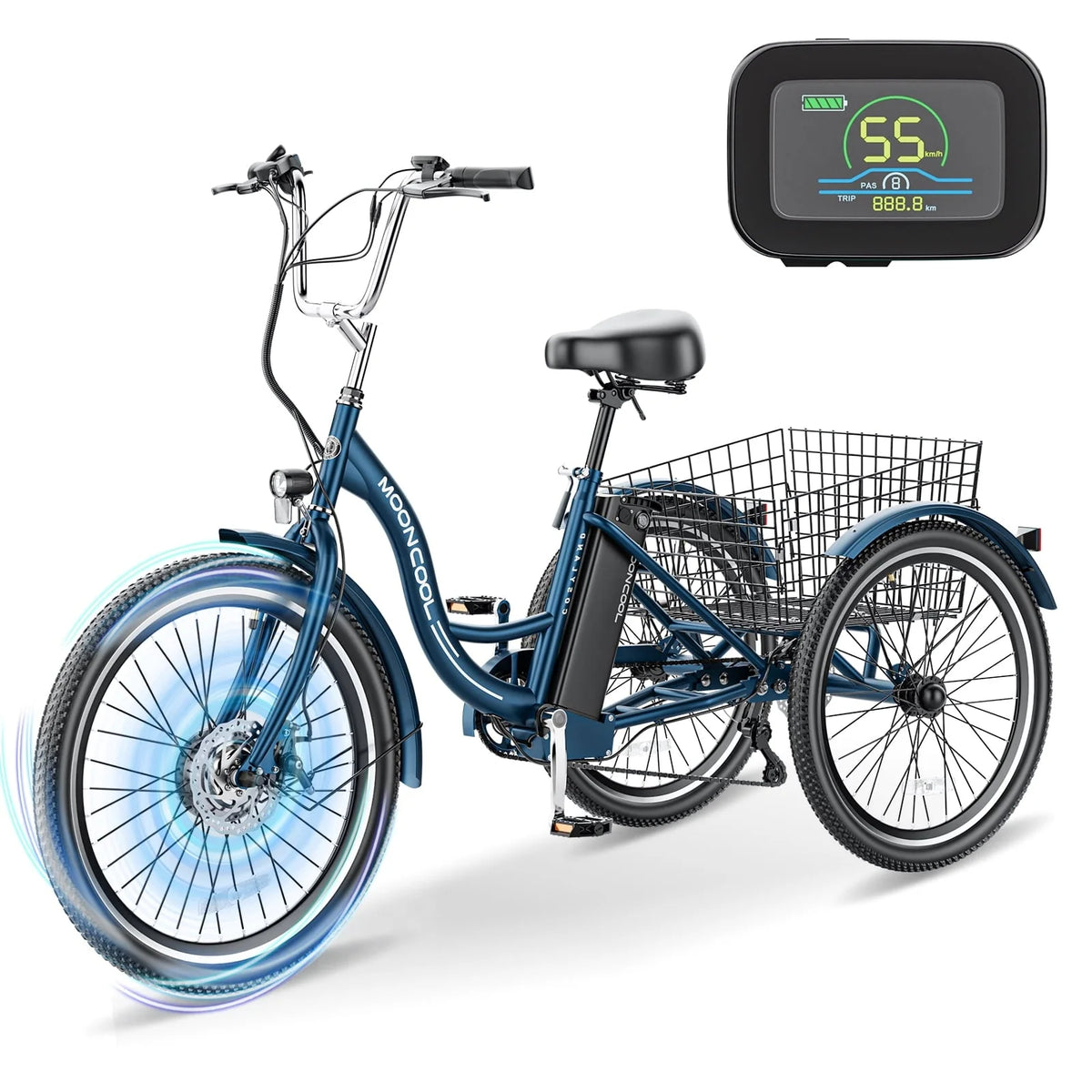 Mooncool 24" 26" 3 Wheel Electric Tricycle for Adults, 350W 36V 7 Speeds Motorized Electric Trike Three Wheel Electric Bikes Bicycle with Large Basket for Women Men