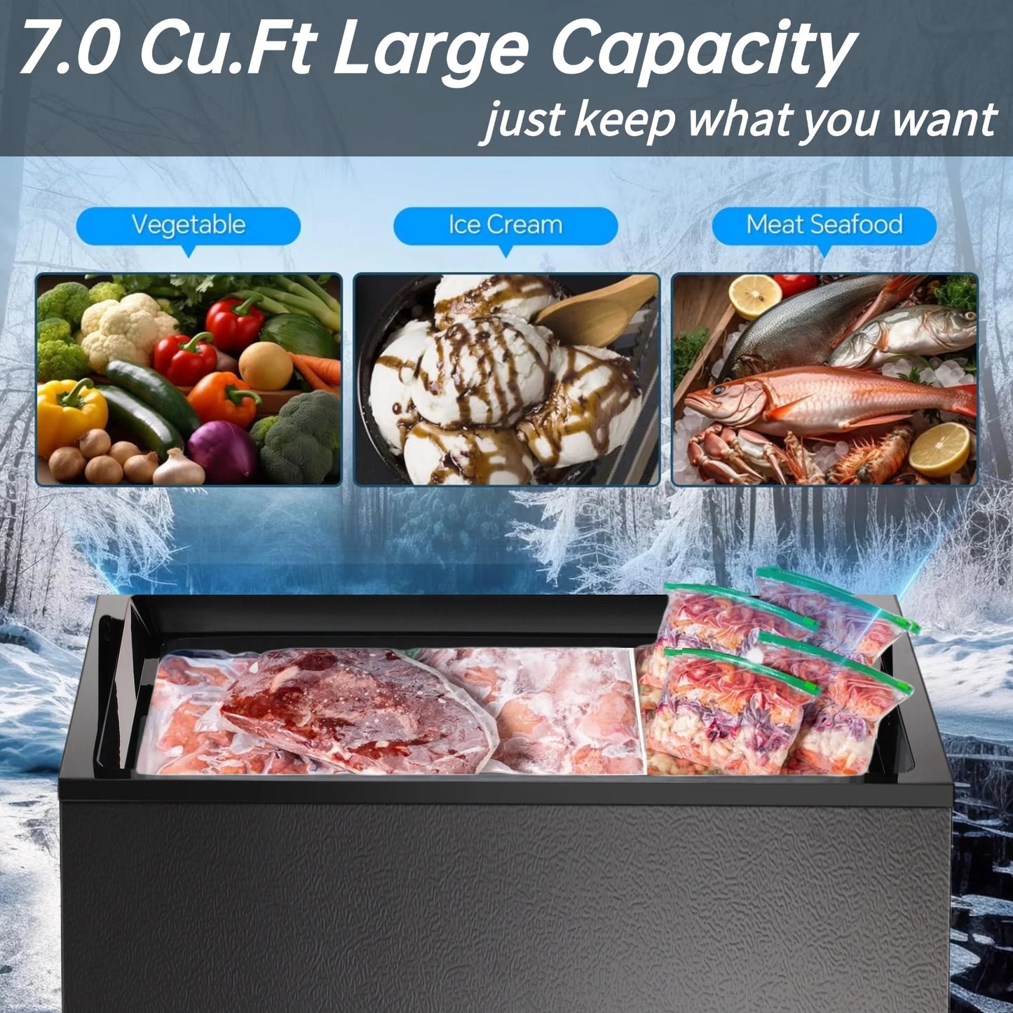 LHRIVER 7.0 cu. ft. Chest Deep Freezer with Adjustable Temperature, Free Standing Top Open Door Compact Freezer with 3 Removable Basket for Kitchen, Home, Bar, Garage, Office