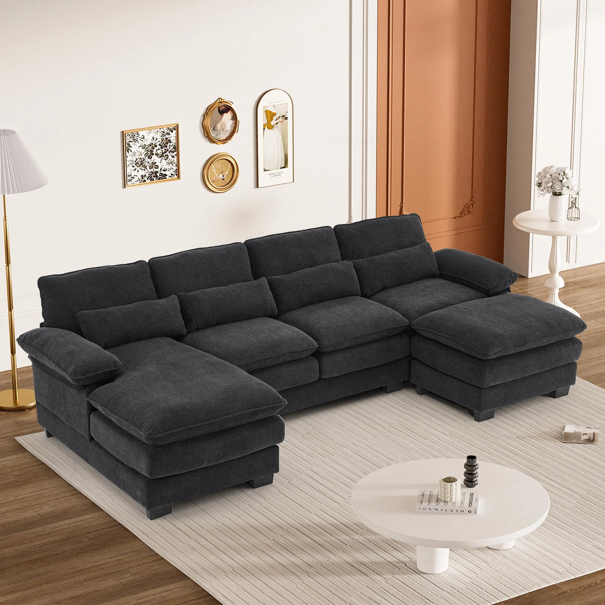 Rophefx 114.3" U Shaped Sectional Couches for Living Room,Cloud Couch,4 Seats Chenille Couch with Double Layer Cushion,Orange