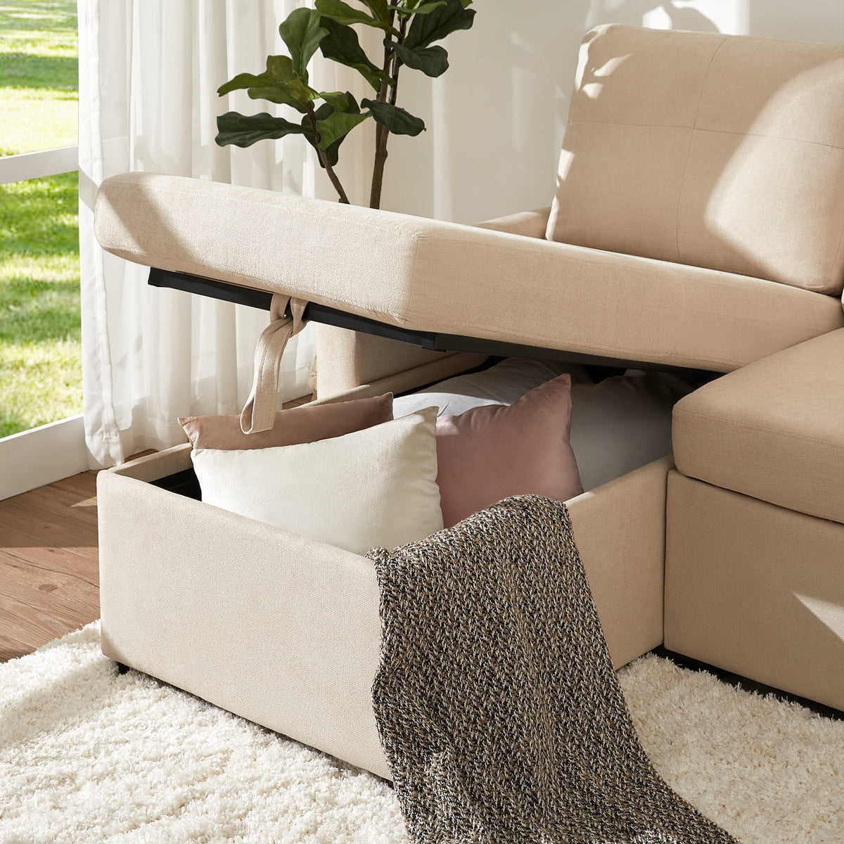 VANACC Sofa Bed, Adult Sleeper Sofa with Storage Chaise, Pull Out Couch for Bed Room, Gray Chenille