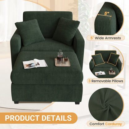 LUMIHO Chaise Lounge Chair Indoor, 42" Sleeper Chair with Two Throw Pillows and Armrests, Corduroy Chaise Couch Chair with Ottoman for Living Room, Bedroom, Apartment, Green