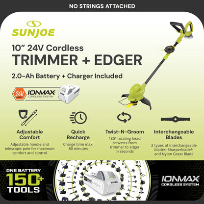 Sun Joe 10�� Stringless Lawn Trimmer, Battery Charger, SharperBlade, Green, 24V-SB10-LTE