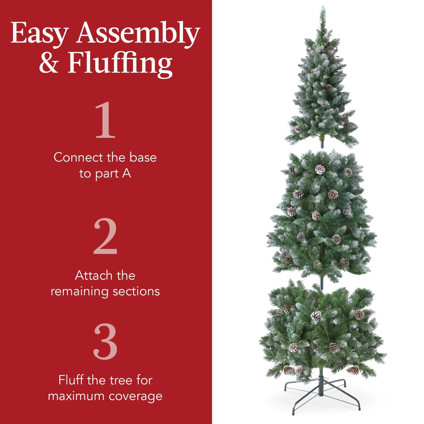 Best Choice Products 6ft Pre-Lit Partially Flocked Pencil Christmas Tree w/ 250 Lights, Pine Cones, Foldable Stand