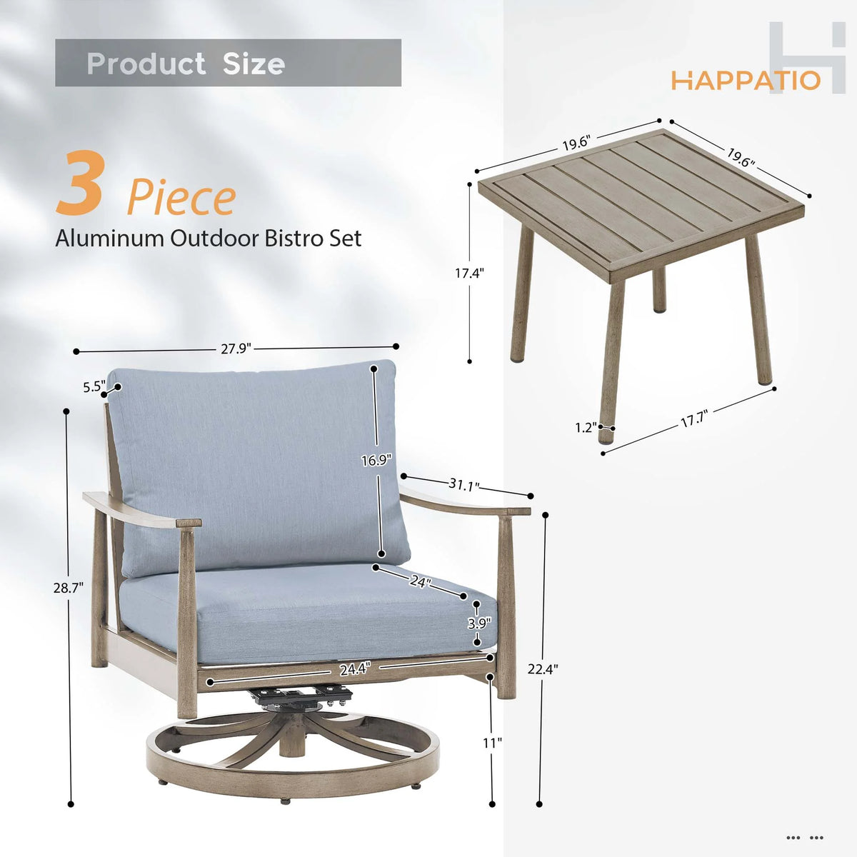 HAPPATIO Aluminum Outdoor Furniture Set - 5 Pieces Patio Furniture Set Includes 1 Side Table, 2 Swivel Chairs and 2 Ottomans with Thick Cushion, Patio Conversation Set for Backyard Poolside (Grey)