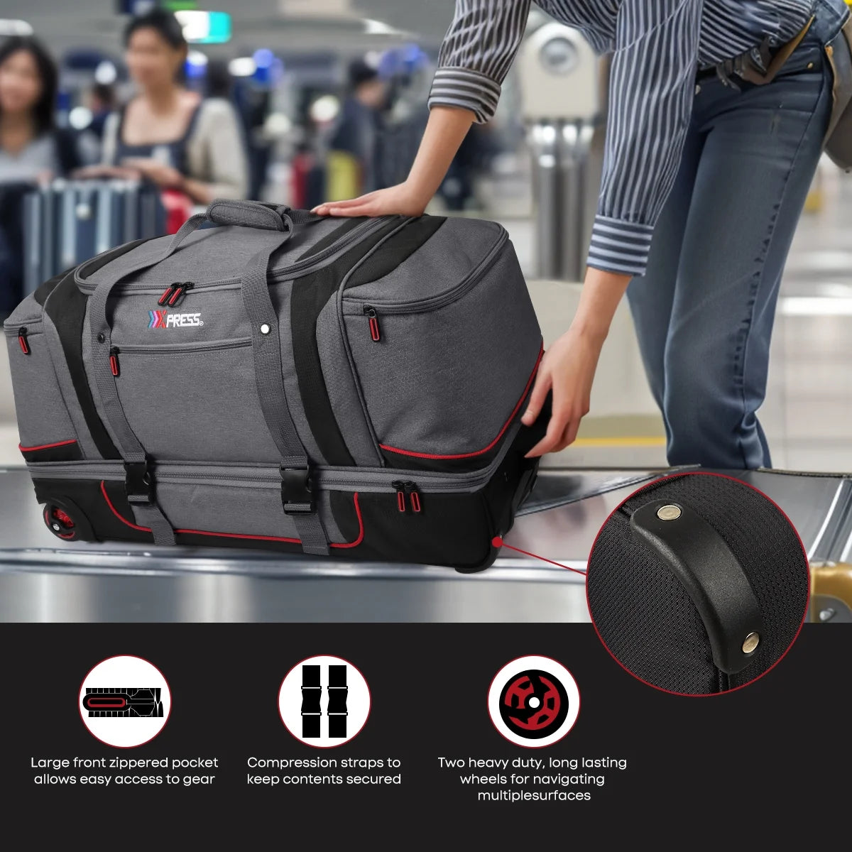 Rolling Duffle Bag with Drop Bottom,Large Wheeled Duffle Bag Luggage,Trolly Travel Bag with Roller 30 Inch,TBL074-Grey/Red