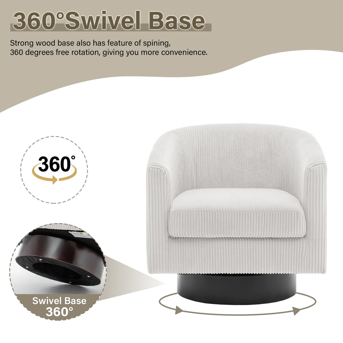 UIXE Swivel Accent Chair, Upholstered Fabric Barrel Chair for Living Room, Small Single Sofa Bedroom Reading Seat, Light Gray