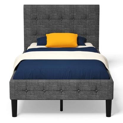 Costway Twin Upholstered Bed Frame Button Tufted Headboard Mattress Foundation Grey