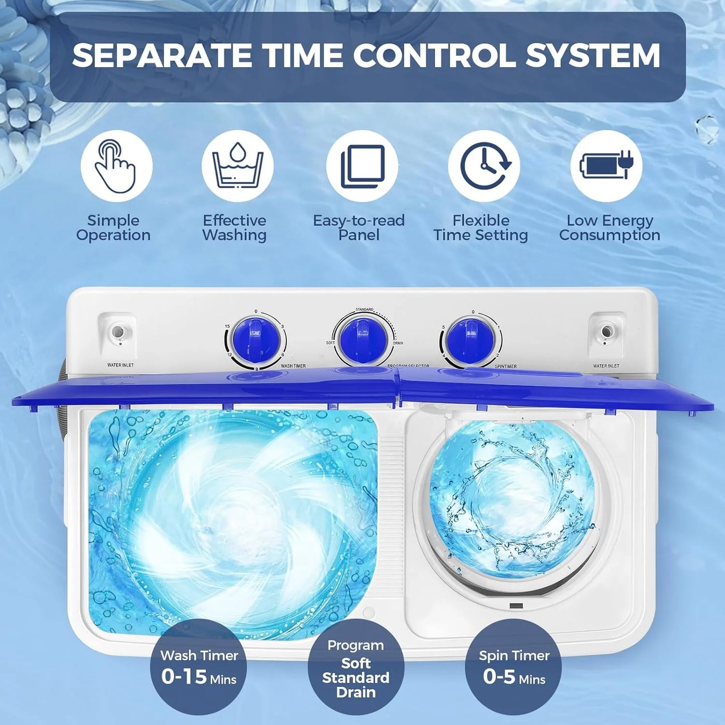 Qhomic Portable Washer 30lbs, 2-in-1 Twin Tub Washer & Dryer Combo Compact Semi-Automatic Washing Machine with Drain Pump, Black