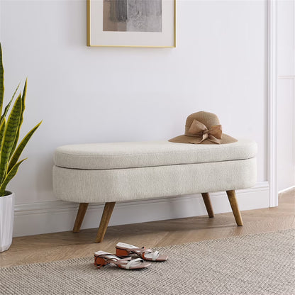 43.5" Oval Storage Ottoman Bench with Solid Wood Legs, Linen Fabric Upholstered Entryway Bench with Safety Hinge, Indoor Bench for End of Bed, Sofa Side, Entryway