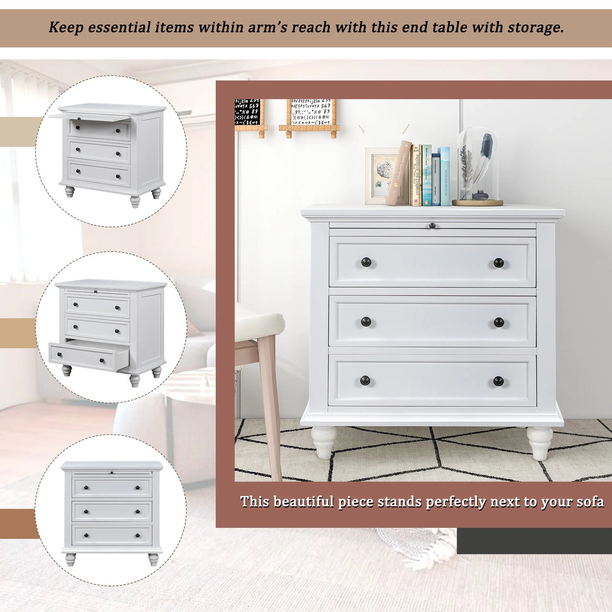 EUROCO 28�� Larger Solid Wood 3-Drawer Side Table Nightstand, End Table with Pull out Tray for Bedroom, Living Room, Hallway, Entryway,White