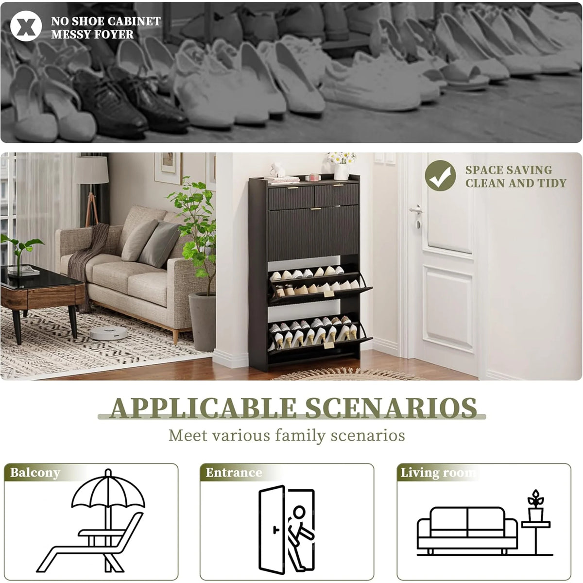 Shoe Cabinet, Free Standing Tipping Bucket Shoe Rack Organizer with 3 Flip Drawers, Modern Entryway Narrow Shoe Rack with 2 Drawers & Top Storage, for Hallway Bedroom, Walnut