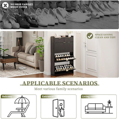 Shoe Cabinet, Free Standing Tipping Bucket Shoe Rack Organizer with 3 Flip Drawers, Modern Entryway Narrow Shoe Rack with 2 Drawers & Top Storage, for Hallway Bedroom, Walnut