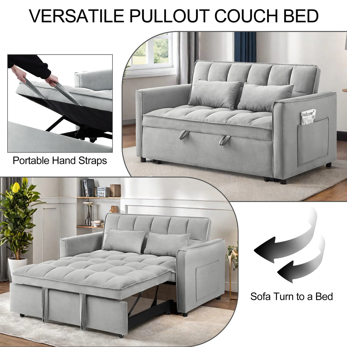 Convertible Sofa Bed,3-in-1 Sleeper Sofa with Pull Out Bed,Sleeper Futon Couch Loveseat with Adjsutable Backrest and Pillows for Living Room,Black
