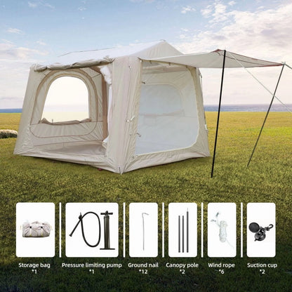 Beige 4-6 Person Inflatable Camping Tent (4-Season – 2-in-1 SUV/Tailgate+Standalone, 5min Setup, Waterproof Oxford, Mesh Windows)