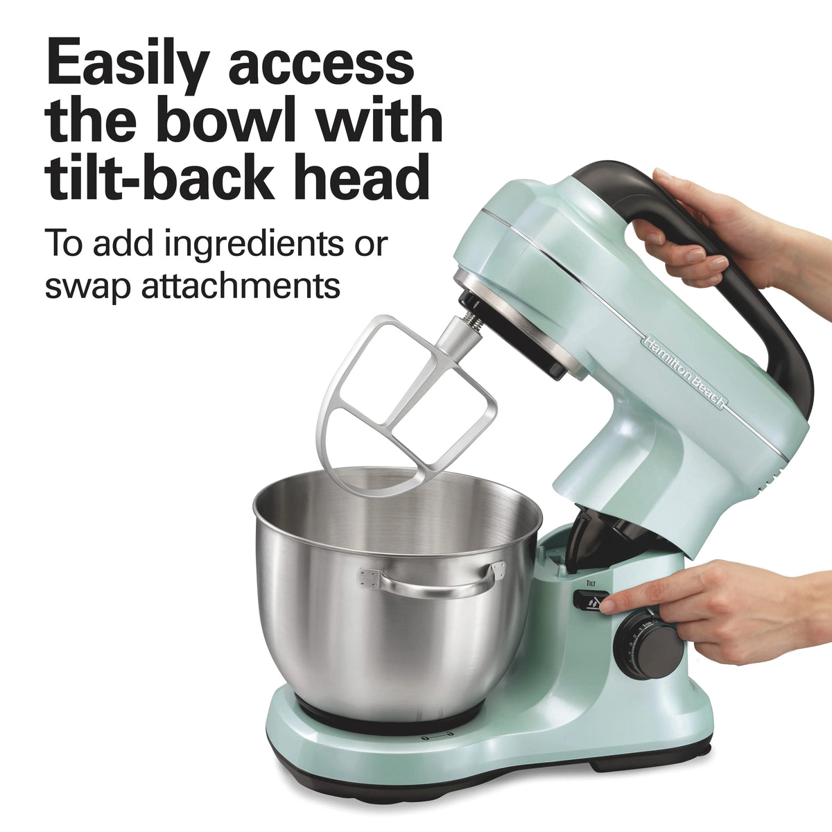Hamilton Beach 4 Quart Stand Mixer for Kitchen, 7 Speeds, Tilt-Head, Dough Hook, Whisk & Flat Beater, Black
