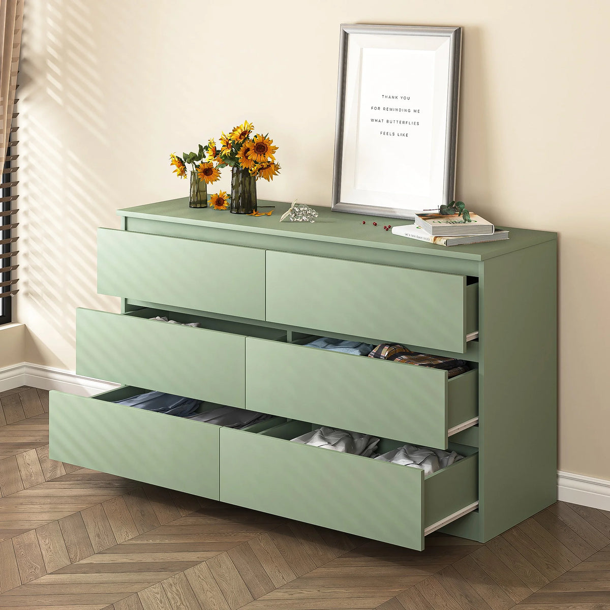 Resenkos Modern Mid Century 6 Drawer Wide Dressers Chests for Bedroom, Chest of Drawer Organizer Grey