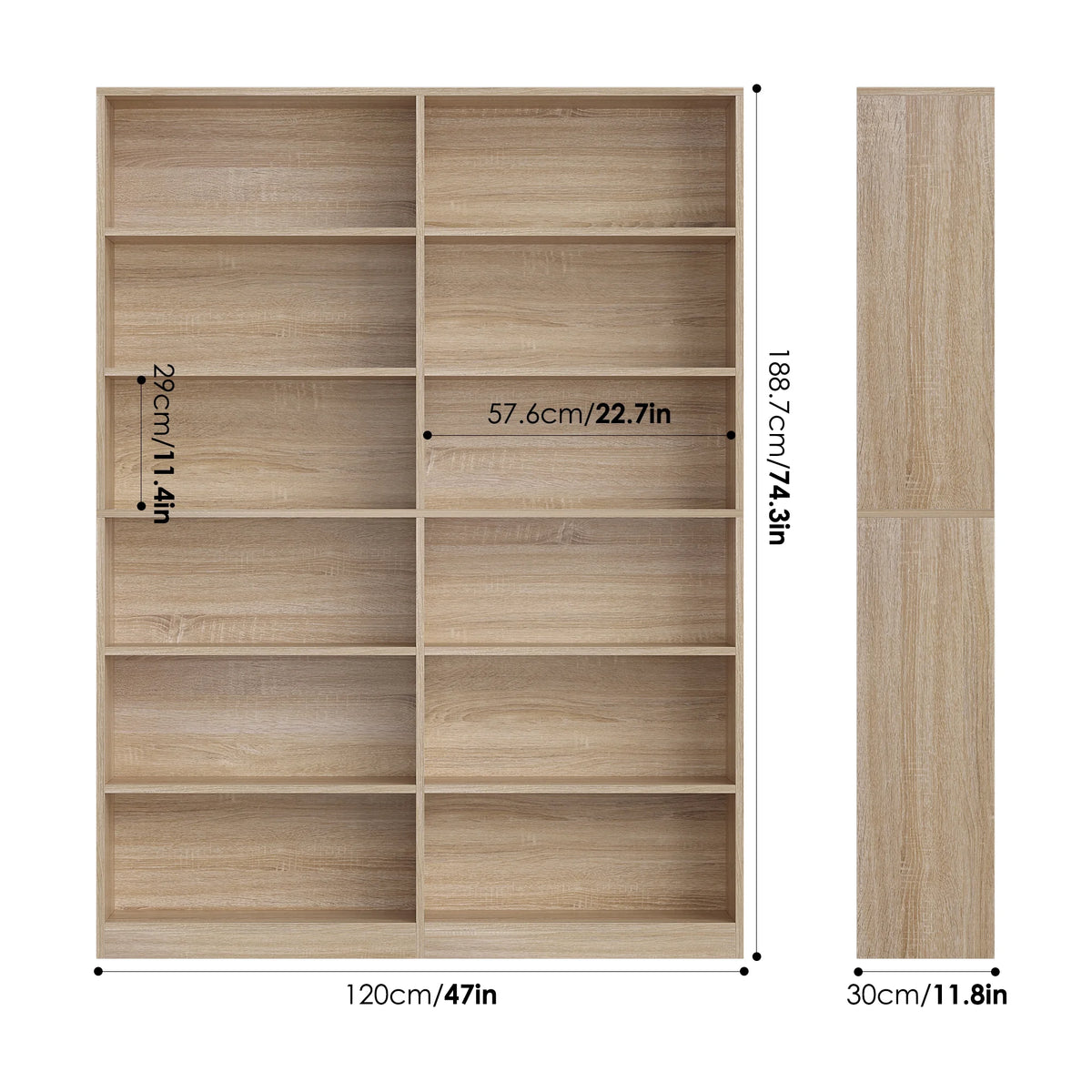 Homfa 74.3�� Double Wide 6-Tier Bookcase, Extra Large Wooden Freestanding Display Bookshelf for Home Office Living Room, White