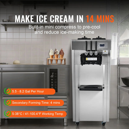 KFFKFF Commercial Soft Ice Cream Machine 21-31 L/H Output 3-Flavor  LED Display Auto Clean 4.3L/1.1GAL Hopper ,1.7L/0.45gal Cylinder
