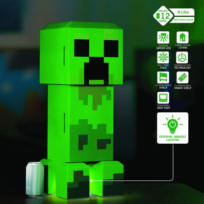 Minecraft Creeper Mini Fridge 2 Door, 8L, Green, 25.2" H 9.5" W 9.1" D