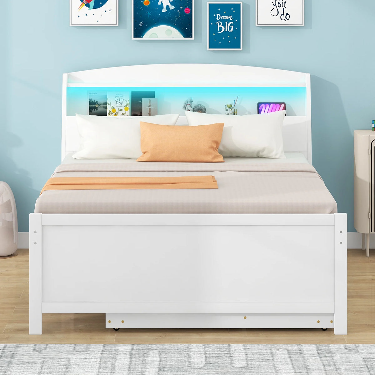 Euroco Wood Twin Size Platform Bed with Storage Headboard, Drawers Trundle and LED Light, White