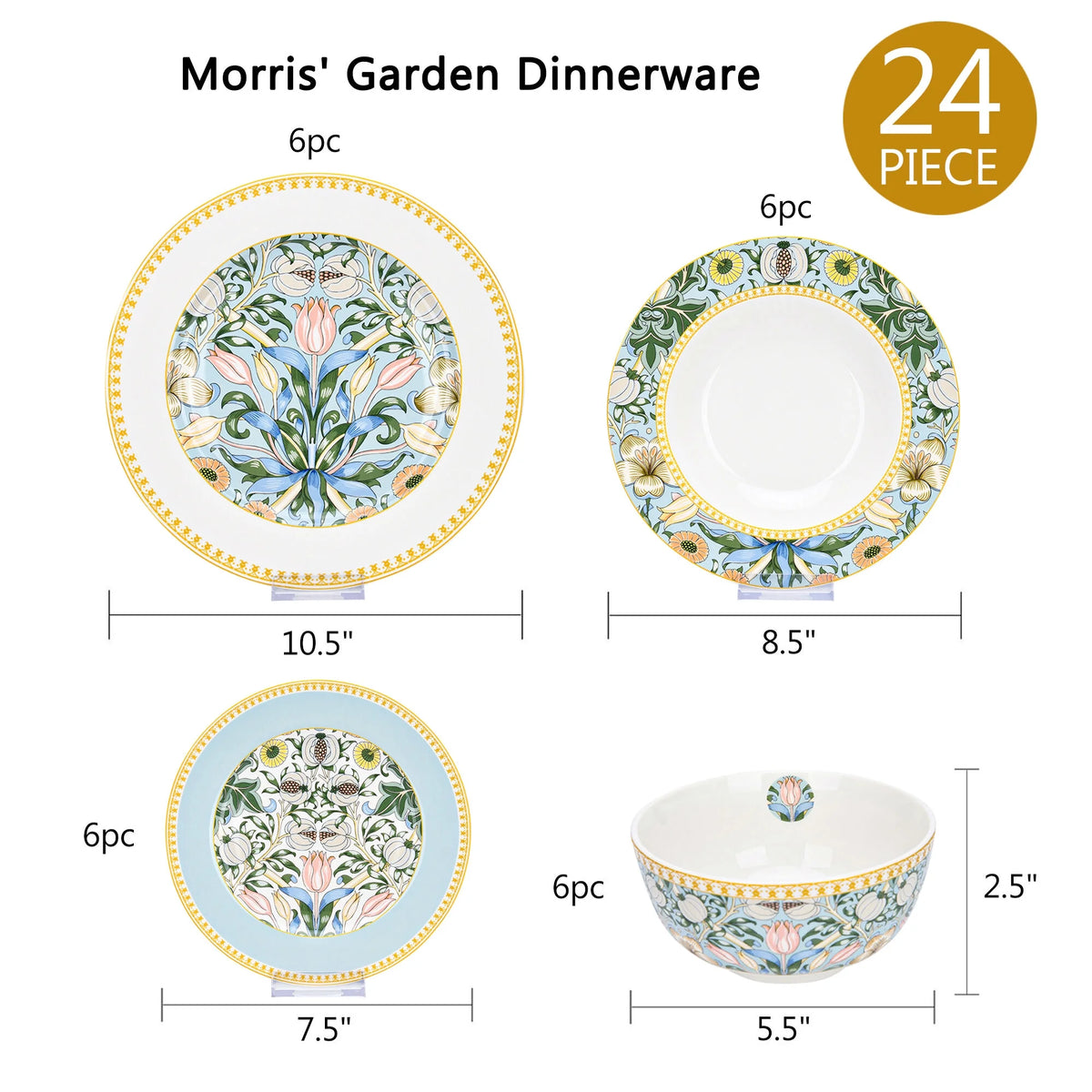 STP GOODS Melodie de Fleurs Bone China Dinnerware Set of 24 Service for 6 24-Piece Dish Set of Plates and Bowls, Blue Gold White