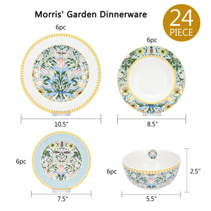 STP GOODS Melodie de Fleurs Bone China Dinnerware Set of 24 Service for 6 24-Piece Dish Set of Plates and Bowls, Blue Gold White