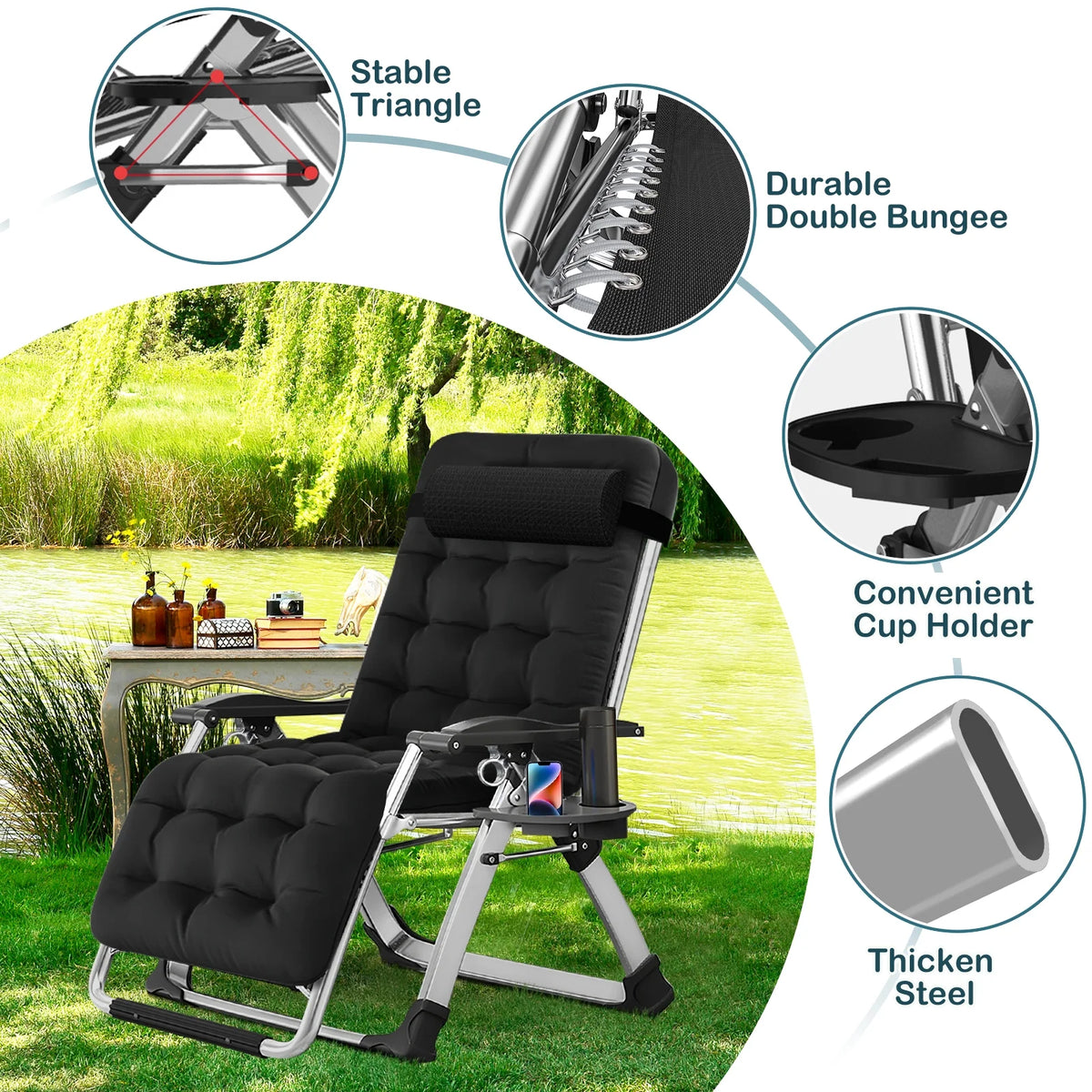 NAIZEA Zero Gravity Chair with Removable Cushion and Cup Holder Black