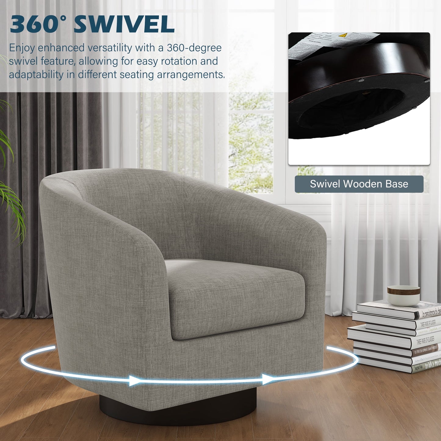 UIXE Swivel Accent Chair, Upholstered Fabric Barrel Chair for Living Room, Small Single Sofa Bedroom Reading Seat, Light Gray