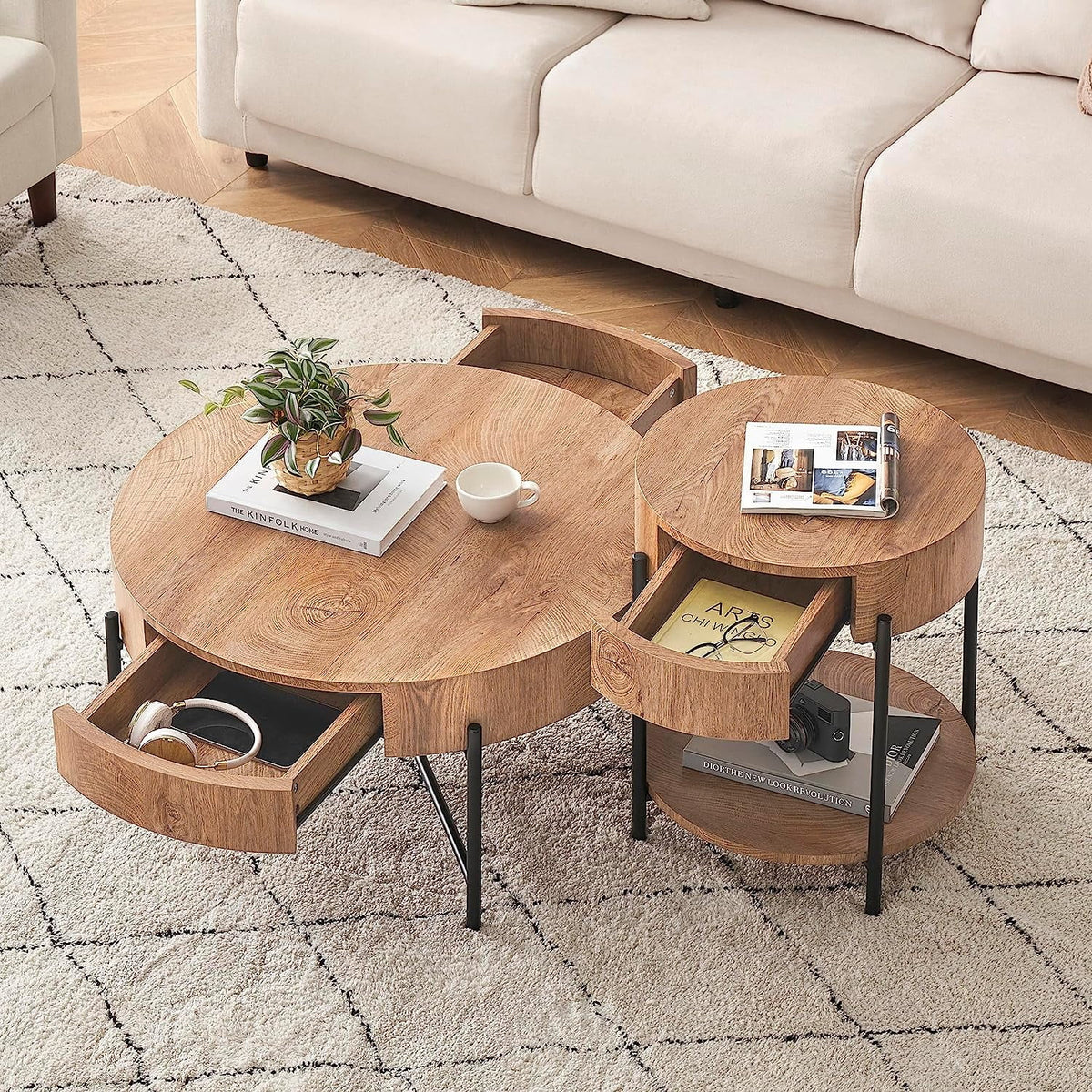 Round Coffee Table with Drawers Circle Living Room Table Wood Accent Coffee Table with Storage White Center Table (Natural)