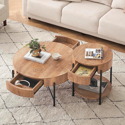 Round Coffee Table with Drawers Circle Living Room Table Wood Accent Coffee Table with Storage White Center Table (Natural)