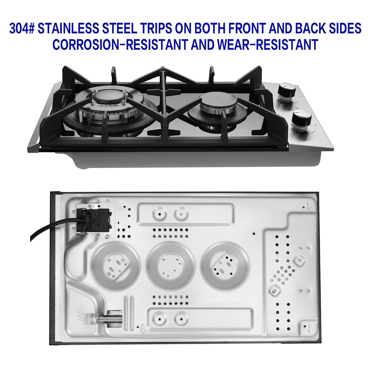 Eascookchef 2 Burners Gas Cooktop Electric Stove Oven 12 inch NG/LP Gas Stainless Flame-Out Proof