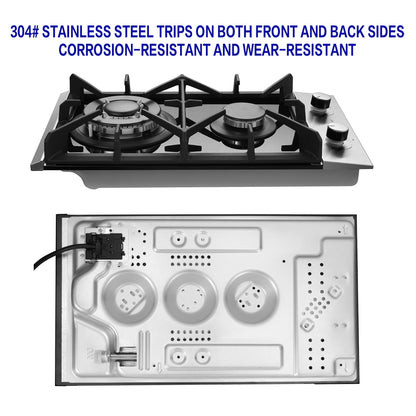Eascookchef 2 Burners Gas Cooktop Electric Stove Oven 12 inch NG/LP Gas Stainless Flame-Out Proof