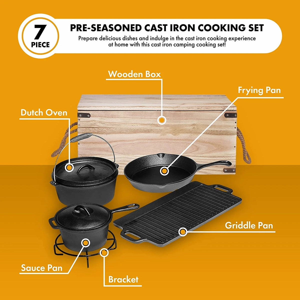 Bruntmor Camping Cooking Set Of 7 - Pre Seasoned Cast Iron Pots, Pans, and Dutch Ovens with Lids for Outdoor Campfire Cooking - Skillet Grill Cookware Set with Storage Box