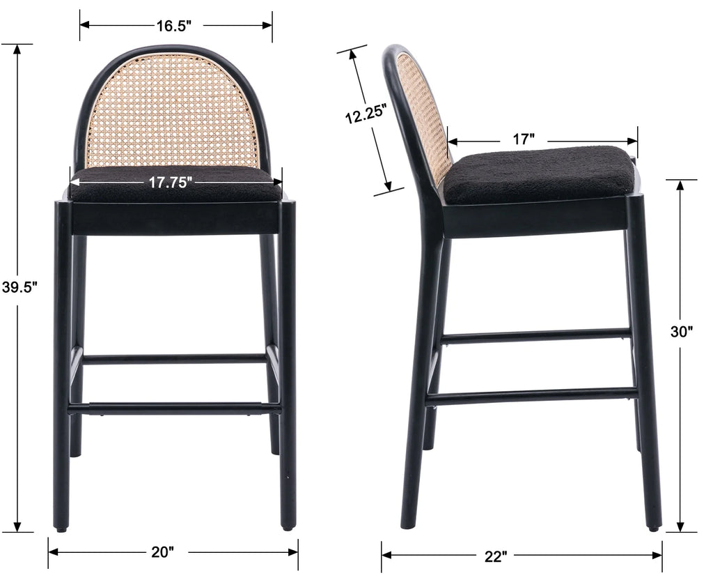Guyou Modern Bar Stools Set of 2, 26" Counter Height Bar Stools with Natural Rattan Back and Solid Wood Frame, Sherpa Upholstered Kitchen Island Chairs for Bar Island Cafe Kitchen, Black