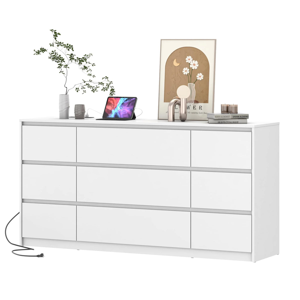 ChVans Black 9 Drawers Dresser with Charging Station, 63" Long Modern Dresser with 9 Drawers for Bedroom, Large Wood Chest of Drawers Handle Free, Dresser for Bedroom, Living Room, Hallway