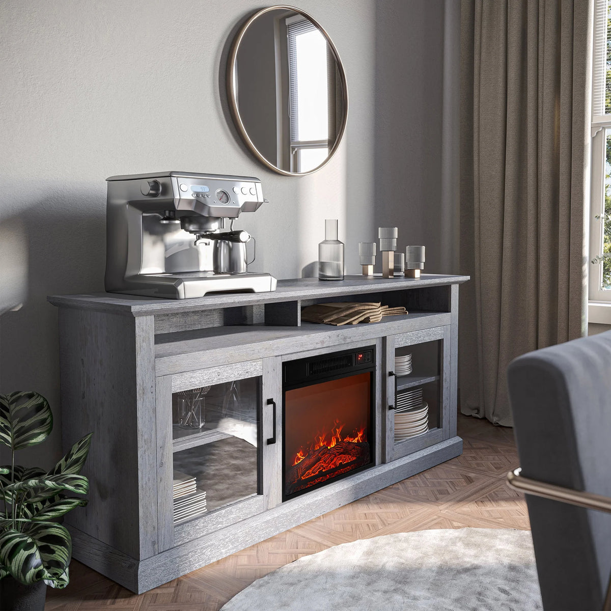 BELLEZE 60" TV Stand with 18" Electric Fireplace, Traditional TV Stand for TVs up to 65", Modern Media Entertainment Center Console Table with Open Storage Shelves & Cabinets - Cayman (Rustic Grey)