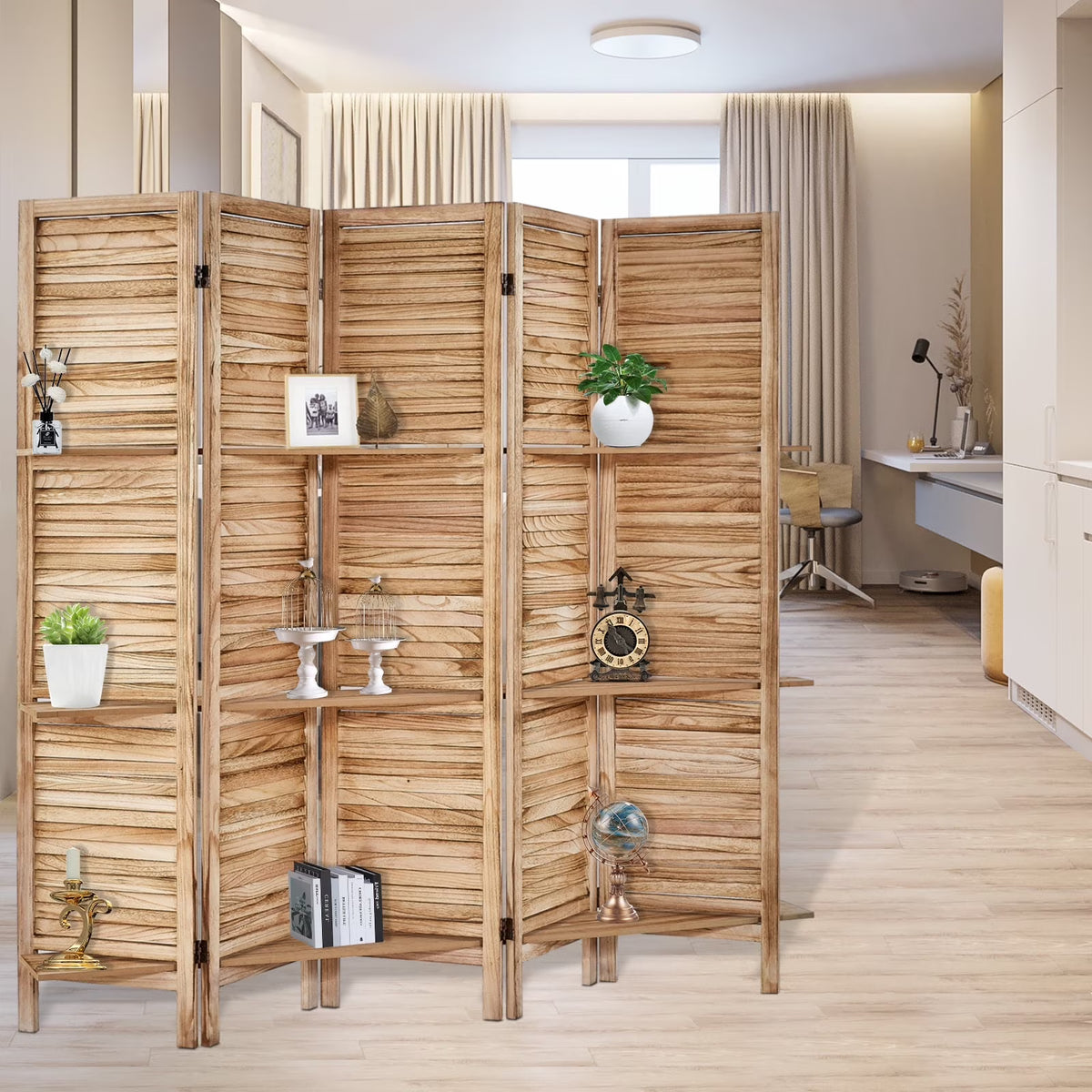 6-Panel Room Divider with Shelves5.6ft Tall Folding Privacy Screen Panels, Room Divider Wall, Divider for Room Separation, Room Divider ShelvesEffectively Block SightNatural