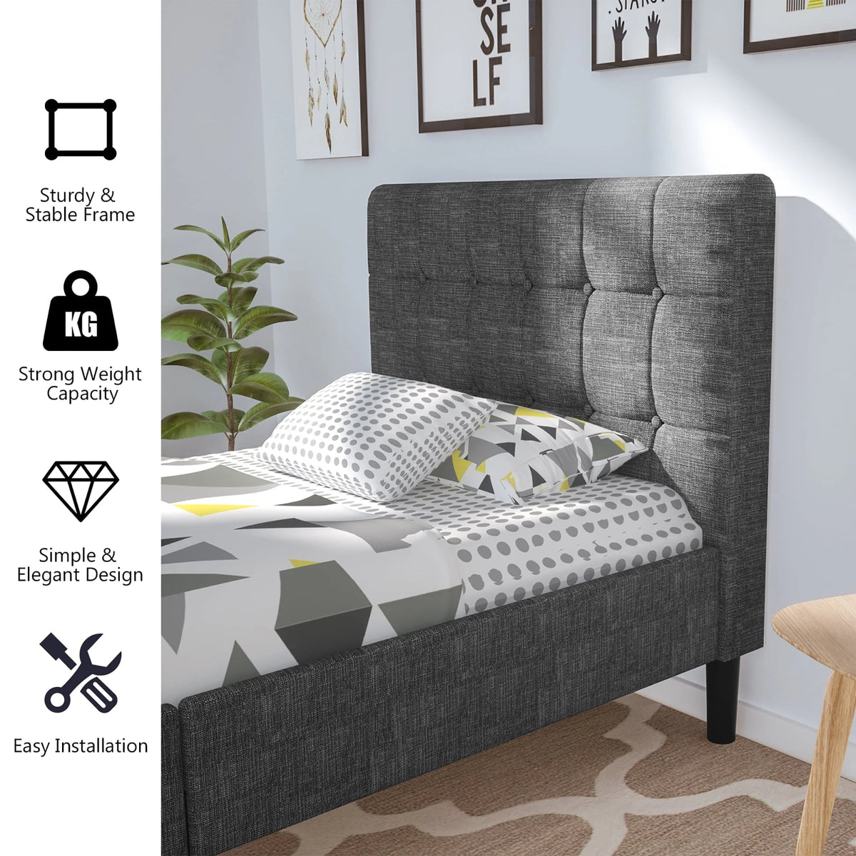Costway Twin Upholstered Bed Frame Button Tufted Headboard Mattress Foundation Grey